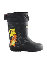 Schwarze Kinder-Regenstiefel mit gesteppter Manschette, mit Pikachu- und Charmander-Pokémon-Motiven und grauen Spritzdetails.