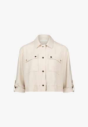 Lys beige cropped jakke i et blødt stof, med en krave, to brystlommer, knapper i guld-tone og opsmøgede ærmer.