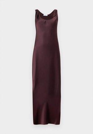 Satin burgundy dress with a scoop neckline and draped shoulders, featuring a straight silhouette and ankle-length design. Smooth texture.