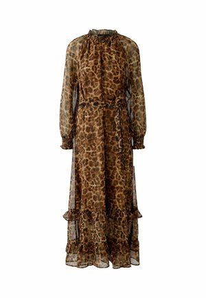 Maxi-jurk met luipaardprint in doorschijnende stof, met lange mouwen, geplooide zoom en strikceintuur in de taille. Aardetinten domineren het ontwerp.