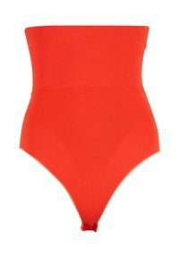 Hochtaillierter roter Body aus glattem, dehnbarem Stoff. Nahtloses Design mit einer figurbetonten Silhouette, ausgestattet mit einem Tanga-Rücken für minimale Abdeckung.