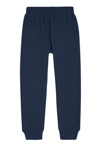 Pantalones deportivos azul marino hechos de mezcla de algodón, con cintura elástica, puños acanalados y una textura suave y lisa.