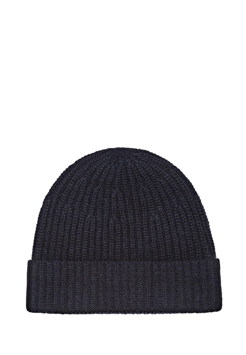 Beanie lavorato a maglia di un blu navy scuro con texture a coste e risvolto. Realizzato in morbido misto lana per calore e comfort.