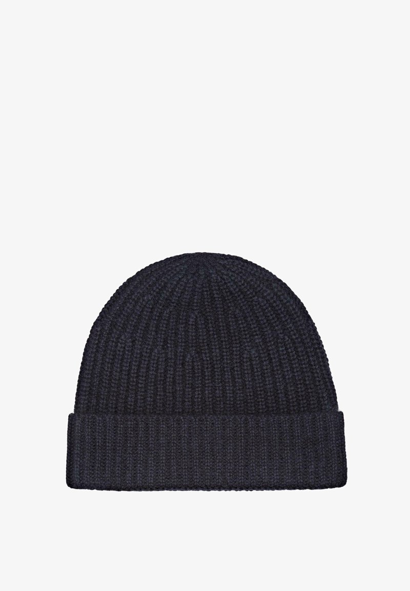 Beanie lavorato a maglia di un blu navy scuro con texture a coste e risvolto. Realizzato in morbido misto lana per calore e comfort.