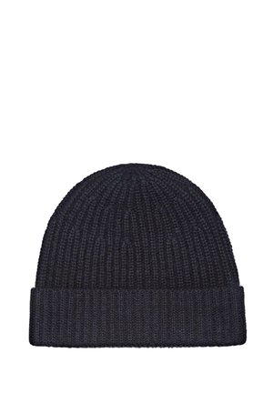 Donkerblauwe gebreide beanie met ribbelstructuur en een omgeslagen boord. Gemaakt van een zachte wolmix voor warmte en comfort.