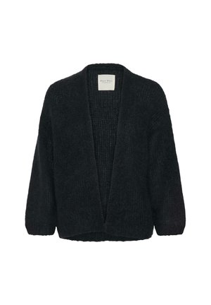 Schwarze Strickjacke mit strukturiertem Strickmuster, offenem Vorderteil und dreiviertellangen Ärmeln. Weiches Material, lockere Passform, keine Verschlüsse.