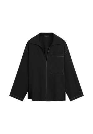 Chemise noire à manches longues avec col large, poche avant sur le côté gauche, et couture jaune contrastante visible le long des coutures et des bords.