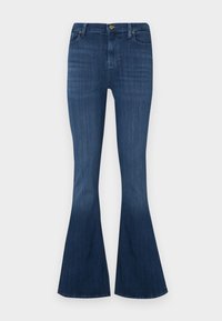 Jeans evazați din denim, într-o nuanță albastru închis, cu talie ajustată, cinci buzunare și închidere clasică cu buton. Textură netedă, cu o ușoară elasticitate.