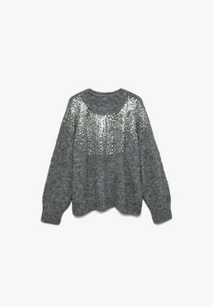 Maglione grigio lavorato a maglia con una vestibilità ampia, caratterizzato da una zona toracica impreziosita da paillettes e polsini a costine. Texture morbida e scollatura rotonda.