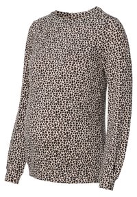 Top premaman a maniche lunghe in beige con motivo astratto nero, tessuto morbido, scollatura arrotondata e maniche arricciate.
