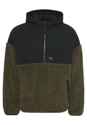 Mikina s kapucí v černé a olivově zelené barvě, se měkkou fleecovou texturou, s půl zipem vpředu a dvěma bočními kapsami.