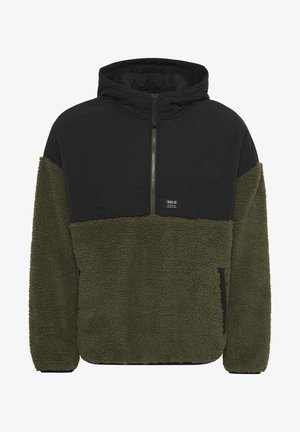 Mikina s kapucí v černé a olivově zelené barvě, se měkkou fleecovou texturou, s půl zipem vpředu a dvěma bočními kapsami.