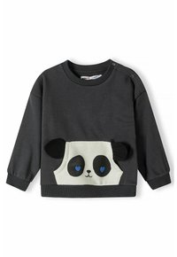 Felpa grigia con maniche lunghe, caratterizzata da un design di faccia di panda bianco con orecchie nere e cuori blu sul taschino anteriore.