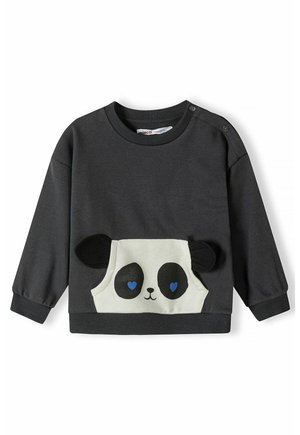 Sivá mikina s dlhými rukávmi, s dizajnom panda tváre v bielej farbe a čiernymi ušami, s modrými srdcovými akcentmi na prednom vrecku.