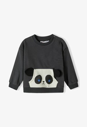Sweatshirt gri cu mâneci lungi, având un design cu fața unui panda în alb, cu urechi negre și accente albastre sub formă de inimă pe o buzunar frontal.