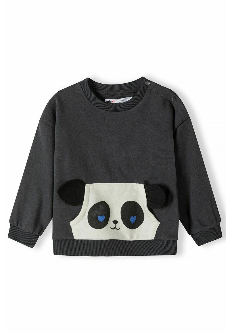 Felpa grigia con maniche lunghe, caratterizzata da un design di faccia di panda bianco con orecchie nere e cuori blu sul taschino anteriore.