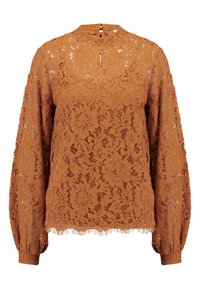 Braune Langarmspitzenbluse mit floralem Muster, hohem Kragen, Schlüsselverschluss im Rücken und gerafften Bündchen.