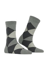 Graue Baumwollsocken mit einem geometrischen Muster in Grautönen, Schwarz und Off-White, mit einem gerippten Bündchen und glatter Textur.