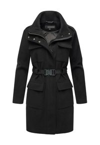Cappotto in misto lana nero con colletto alto, chiusura a zip, quattro tasche esterne, cintura in vita e una finitura testurizzata.