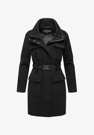 Mustmustest musta villasegu piirkondlikku kaelusega, tõmblukuga, neli välist taskut, vöö talje peal ja tekstuuriga viimistlus.