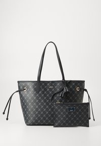 Black tote bag with a patterned design and matching small pouch, both featuring a JOOP! logo. Style elements include decorative ties.