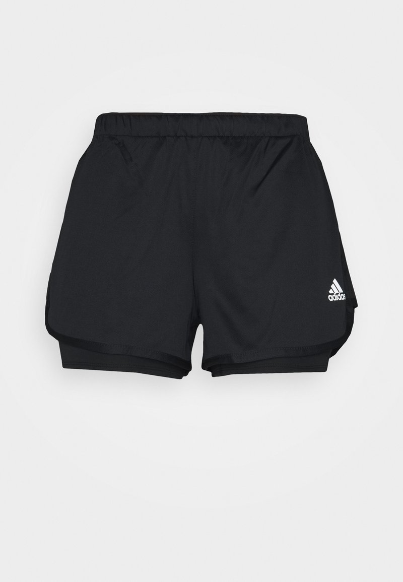 Mustat urheilushortsit, joissa on elastinen vyötärö, sisäbriefloki, ja viistot sivureiät. Valkoinen Adidas-logo. Sujuva pinta.