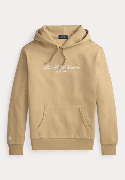 Μπεζ φούτερ Polo Ralph Lauren με κουκούλα, εμπρόσθια τσέπη, κορδόνι στην κουκούλα και λευκό κεντημένο λογότυπο στο στήθος και στο μανίκι.