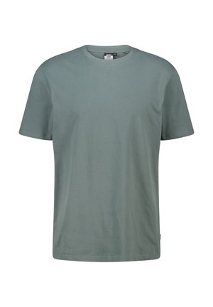 Lichtgroen katoenen T-shirt met een ronde hals en korte mouwen. Eenvoudig ontwerp, geen patronen of extra accenten. Zachte textuur.