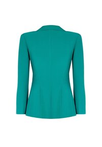 Blazer bleu sarcelle sur mesure avec manches longues et coutures structurées, présenté de dos sur fond blanc.
