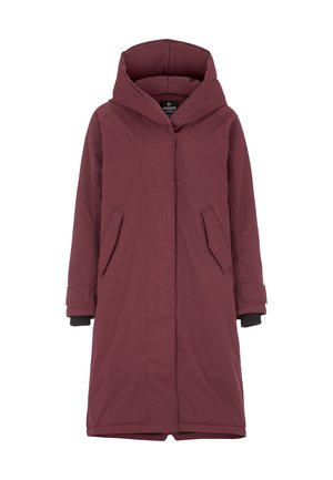 Bordeaux hoofddoek, waterdicht materiaal, lange stijl, twee zijzakken, zwarte manchetten, gladde textuur, met een verborgen ritsluiting.