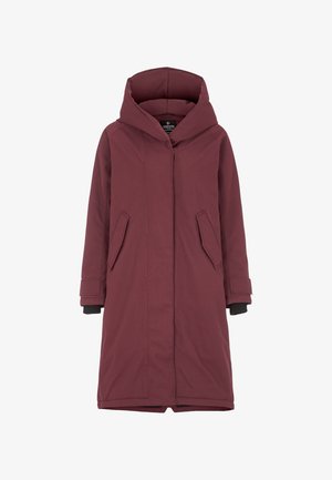 Burgunderfarbener Kapuzenmantel, wasserdichtes Material, langes Design, zwei Seitentaschen, schwarze Bündchen, glatte Textur, mit verdecktem Reißverschluss.