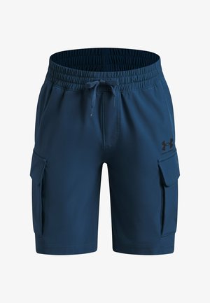 Marineblauwe sportshorts van lichtgewicht stof, met een elastische tailleband, trekkoord en zijzakken met klep.