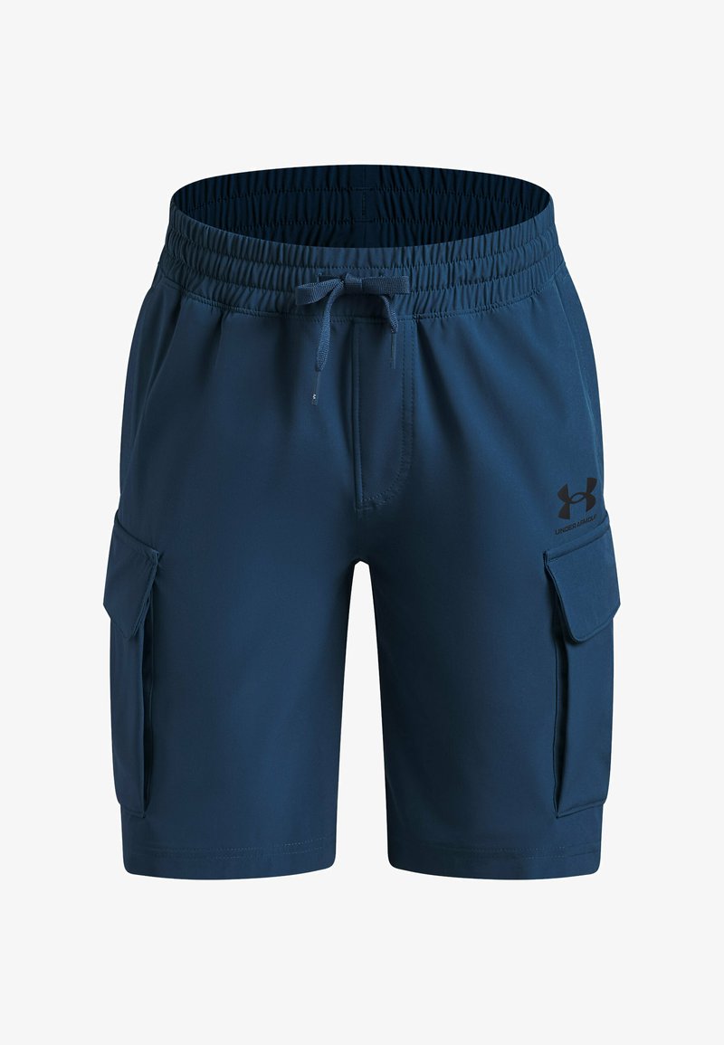 Shorts de sport bleu marine en tissu léger, dotés d'une ceinture élastique, d'un cordon de serrage et de poches cargo latérales.