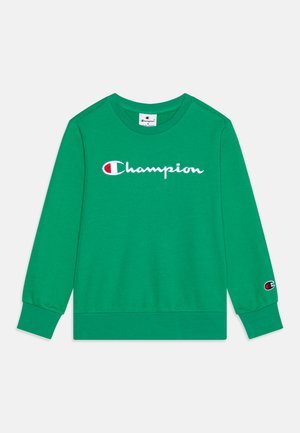 Green sweatshirt in cotton blend with crew neck. Features white embroidered "Champion" logo on front and small logo detail on sleeve.