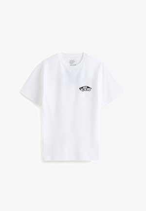 Camiseta de algodón blanca con cuello redondo y mangas cortas. Presenta un logo negro de "Vans Off the Wall" en la parte izquierda del pecho.