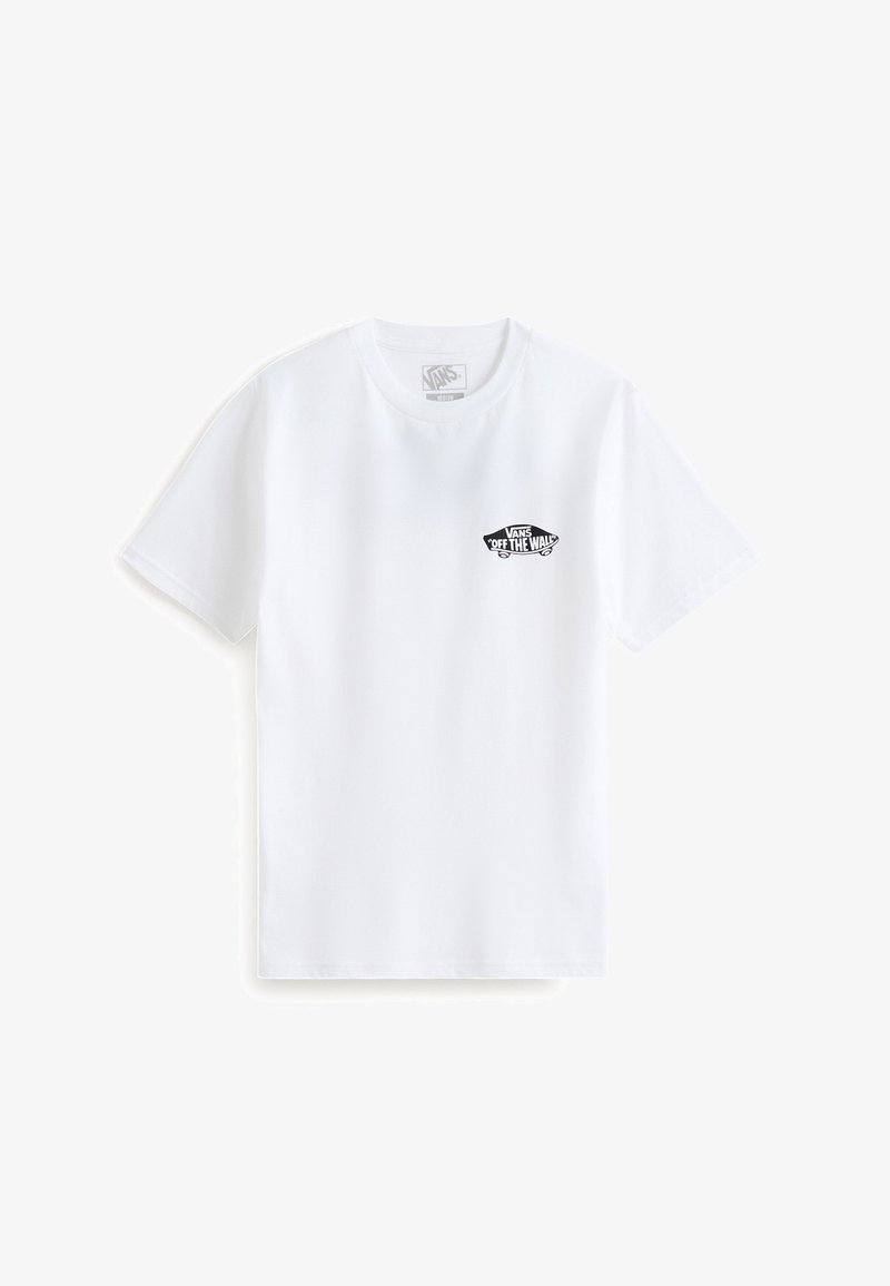T-shirt en coton blanc avec un col rond et des manches courtes. Présente un logo noir "Vans Off the Wall" sur la zone gauche de la poitrine.