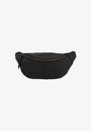 Sac banane en cuir noir avec une fermeture éclair horizontale en bronze et une petite sangle de chaque côté pour l'attacher autour de la taille.