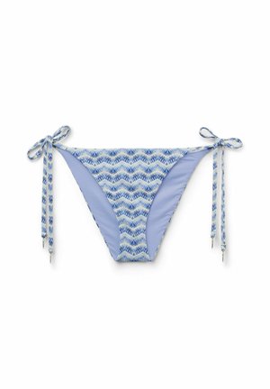 Blå og hvide mønstrede bikinitrusser med sidelukninger, der har et bølget geometrisk design og en ensfarvet lyseblå inderforing.