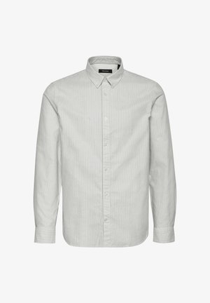 Világosszürke, hosszú ujjú ing vékony függőleges fehér csíkokkal, gombos gallérral és elöl gombos záródással. Sima pamut anyag, normál szabású.