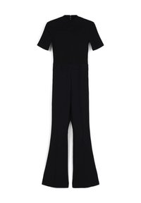 Schwarzer Jumpsuit mit kurzen Ärmeln, tailliertem Oberteil und weit ausgestellten Hosenbeinen. Glatte Stoffqualität mit hohem Ausschnitt und Reißverschlussdetails im Rücken.