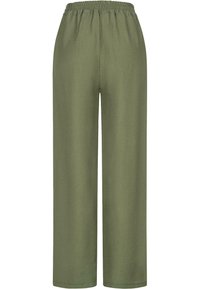 Pantalones de pierna ancha color verde oliva con cintura elástica, hechos de una tela lisa y liviana. Presenta un corte recto y sin bolsillos.