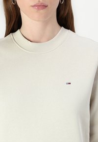 Svetlobežový sveter z mäkkého materiálu, s okrúhlym výstrihom a rebrovanými manžetami. Vyšité logo v červenej, bielej a modrej farbe na hrudi.