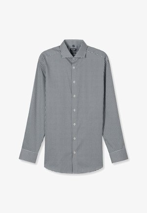 Langarmig zwart-wit geruit overhemd met knopen, een kraag en knoopmanchetten, plat gelegd op een witte achtergrond.