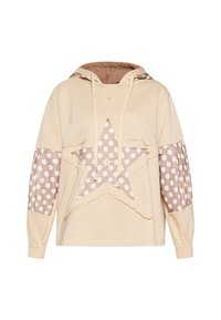 Beige hoodie med en stor stjärndesign som har blommönster på ärmarna. Inkluderar huva med dragsko och ribbade muddarna, texturerad tyg.