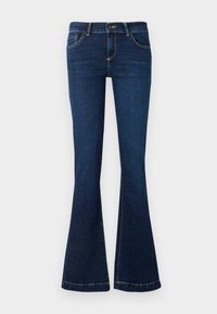 Flared dark blue jeans made from denim, featuring front pockets and yellow stitching along the seams. Standard waistband and zipper fly.