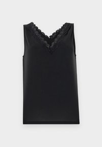 Top senza maniche nero con scollo a V. Presenta dettagli in pizzo elaborati e una consistenza liscia e morbida. Design semplice, senza fantasie o accenti.