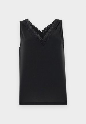 Top senza maniche nero con scollo a V. Presenta dettagli in pizzo elaborati e una consistenza liscia e morbida. Design semplice, senza fantasie o accenti.