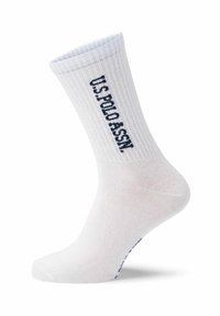 Hvide ribbede sokker med marineblå tekst "US POLO ASSN" langs siden. Blødt stof, mid-calf længde, med rund tå og forstærket hæl.