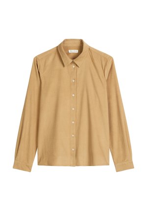 Long-sleeve shirt in light brown fabric with a smooth texture, button front, pointed collar, and straight-cut hem. Classic design and tailored fit.