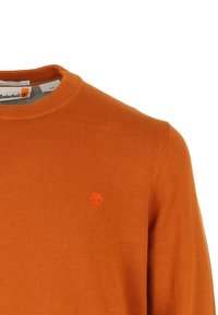 Maglione arancione a maglia con collo rotondo, caratterizzato da un piccolo logo ricamato sul petto e polsini a coste. Realizzato in morbido cotone.